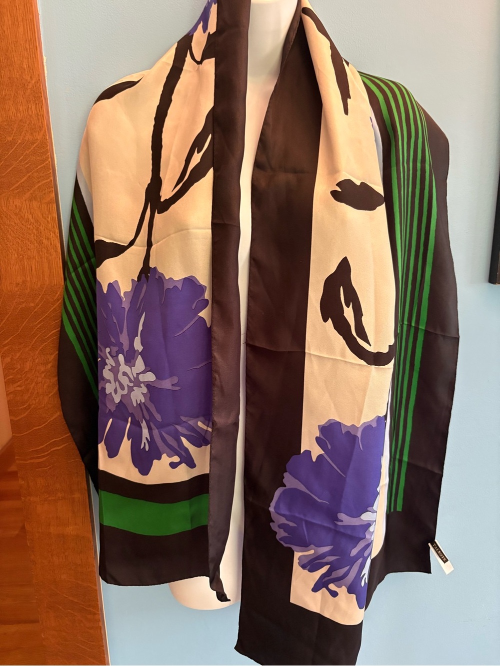 Elegant Talbots Floral Silk Scarf Purple, Green, Black 17” x 42”